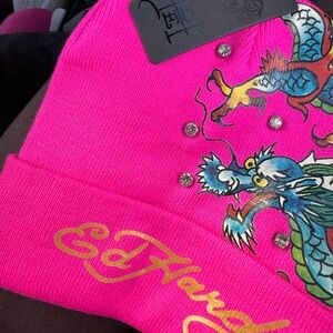 Ed Hardy Vibrant Pink Beanie with Dragon and Rhinestones